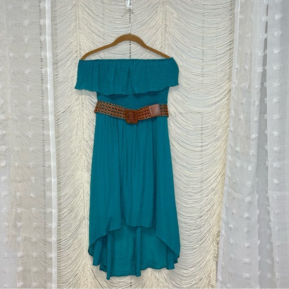 🌊 By & By Teal Off-Shoulder Dress with Woven Belt – Size Small